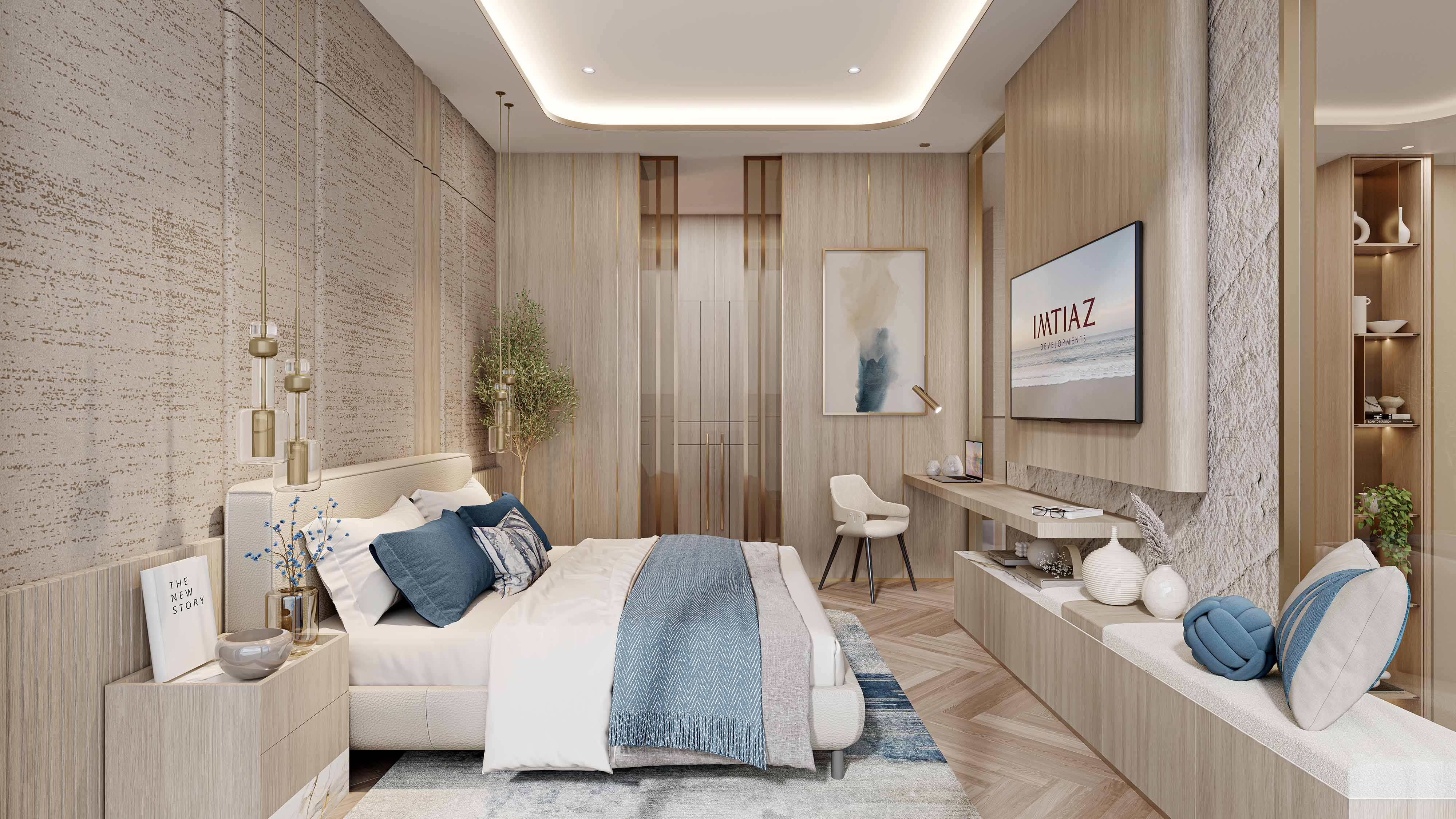 Sunset Bay 3 By Imtiaz A modern bedroom featuring a cozy bed, elegant decor, wooden accents, a TV, and stylish lighting.